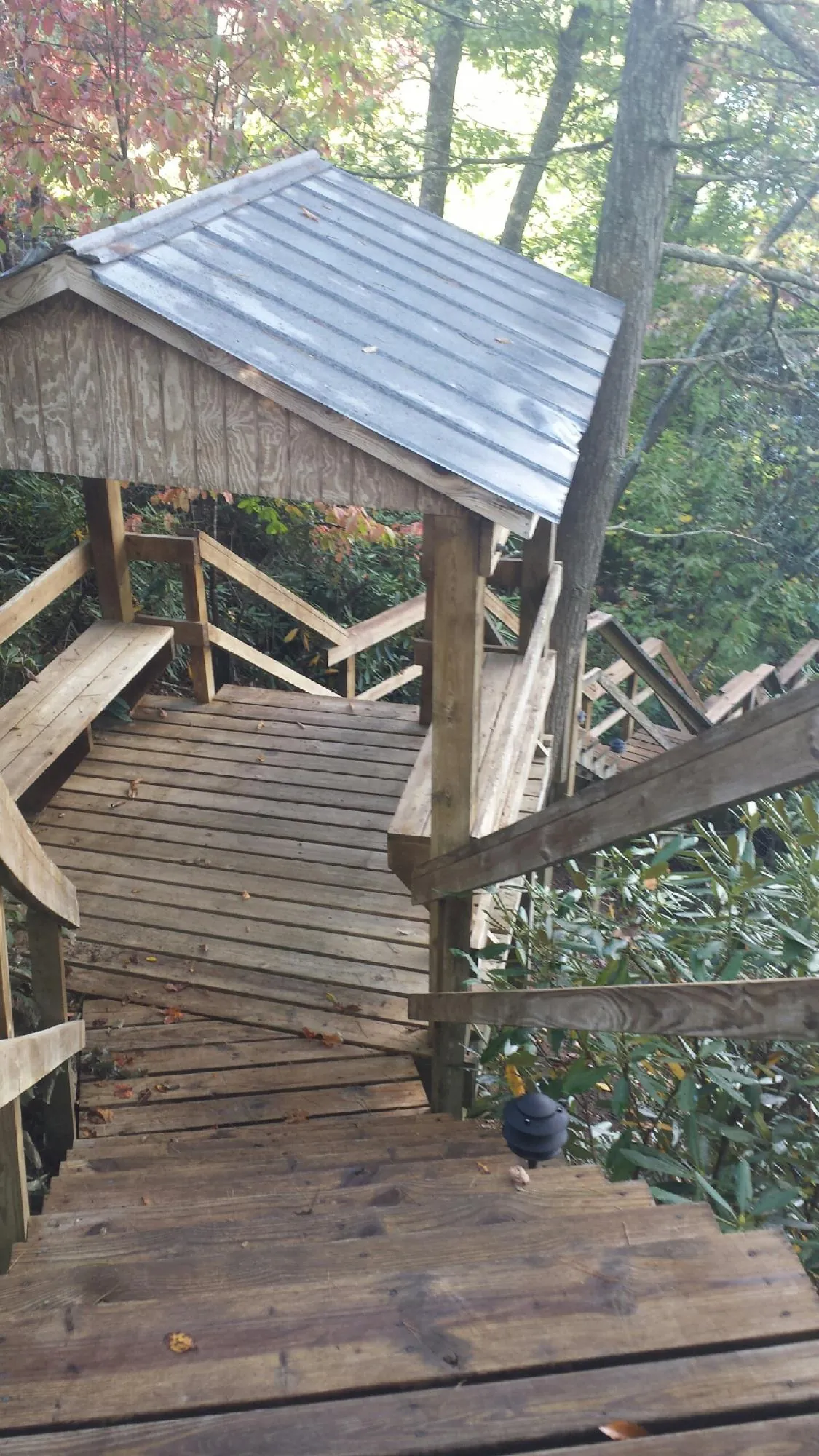 Metal roofed shelter over wooden steps on a wooded walkway — Skylight Repair & Installation work by our crew in Baring